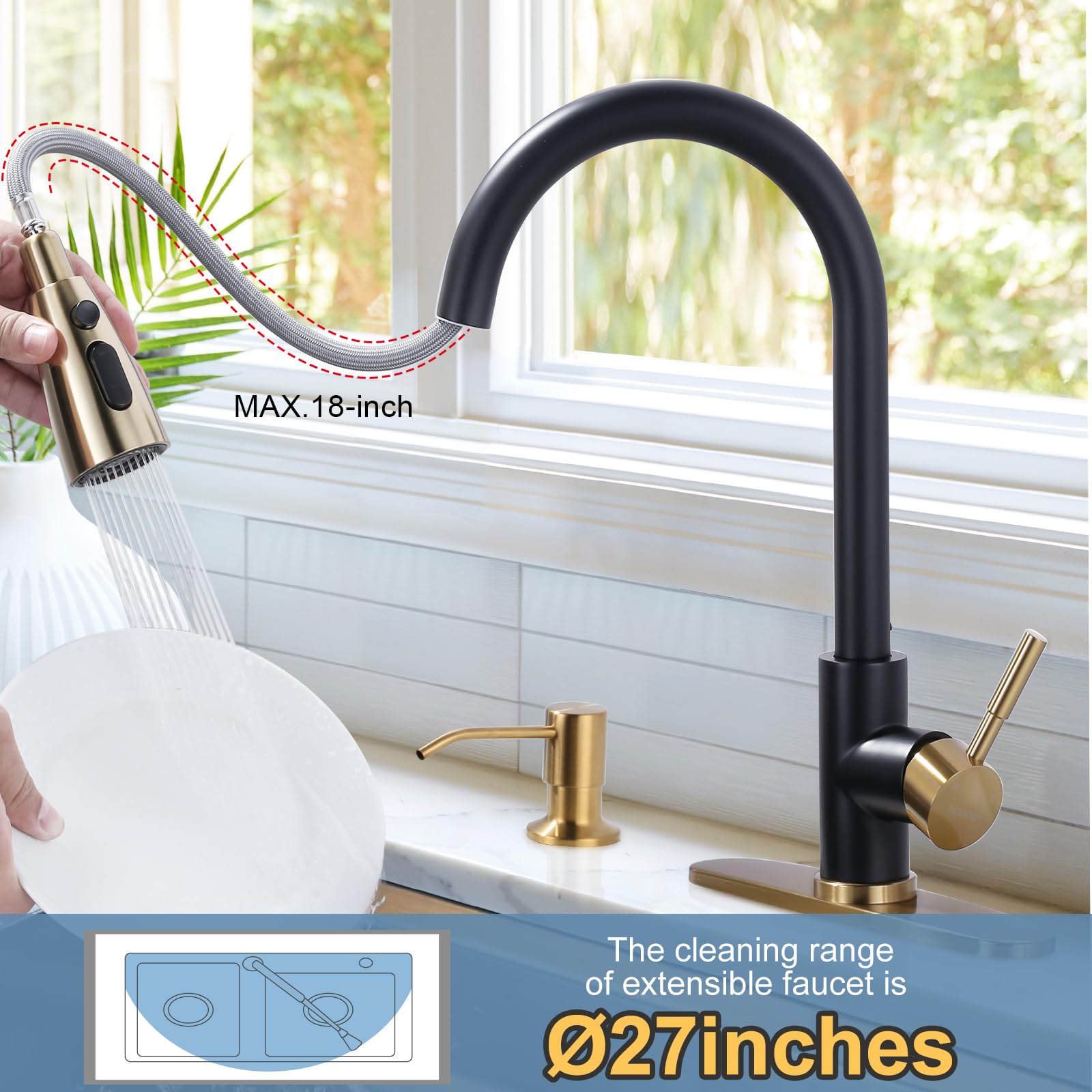 Black And Gold Kitchen Faucet With Soap Dispenser, Wowow Stainless Steel Kitchen Sink Faucet Single Handle High Arc Utility Sink